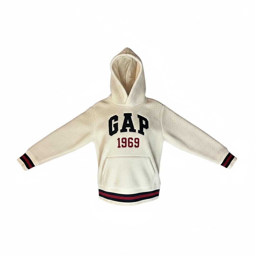 GAP Kids Sherpa Hoodie Cream White 1969 Logo Pullover Size M (8)